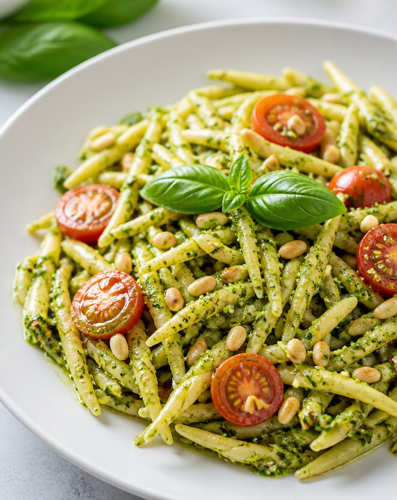 Paste cu pesto genovese, roșii cherry și semințe de pin