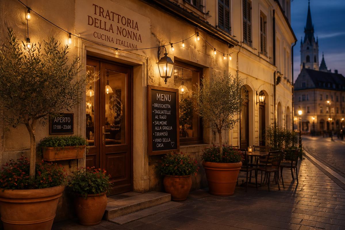 Exterior cald al restaurantului Punto Pasta cu luminițe și ghivece cu plante
