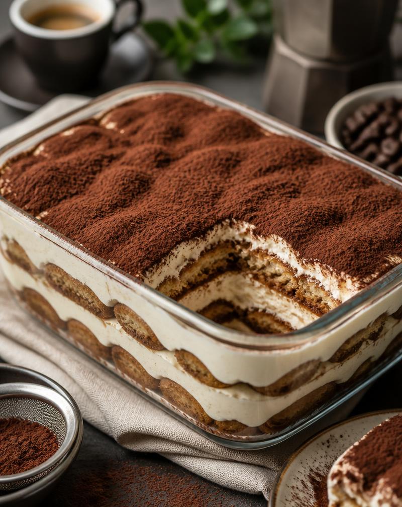 Tiramisu clasic în vas de sticlă, pudrat cu cacao
