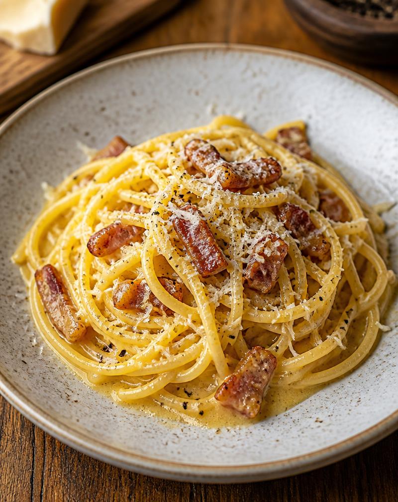 Farfurie cu carbonara autentică, guanciale și pecorino