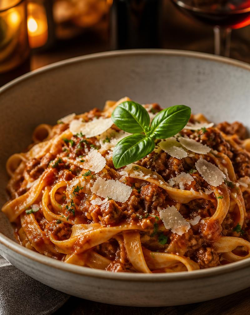 Tagliatelle cu ragù bogat și parmezan